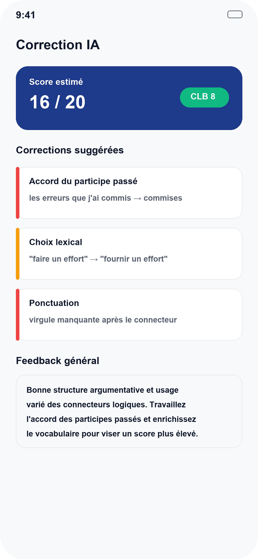 Écran de correction IA de l'expression écrite